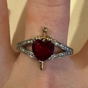 Elegant Heart-Shaped Red and Gold Ring with Sword